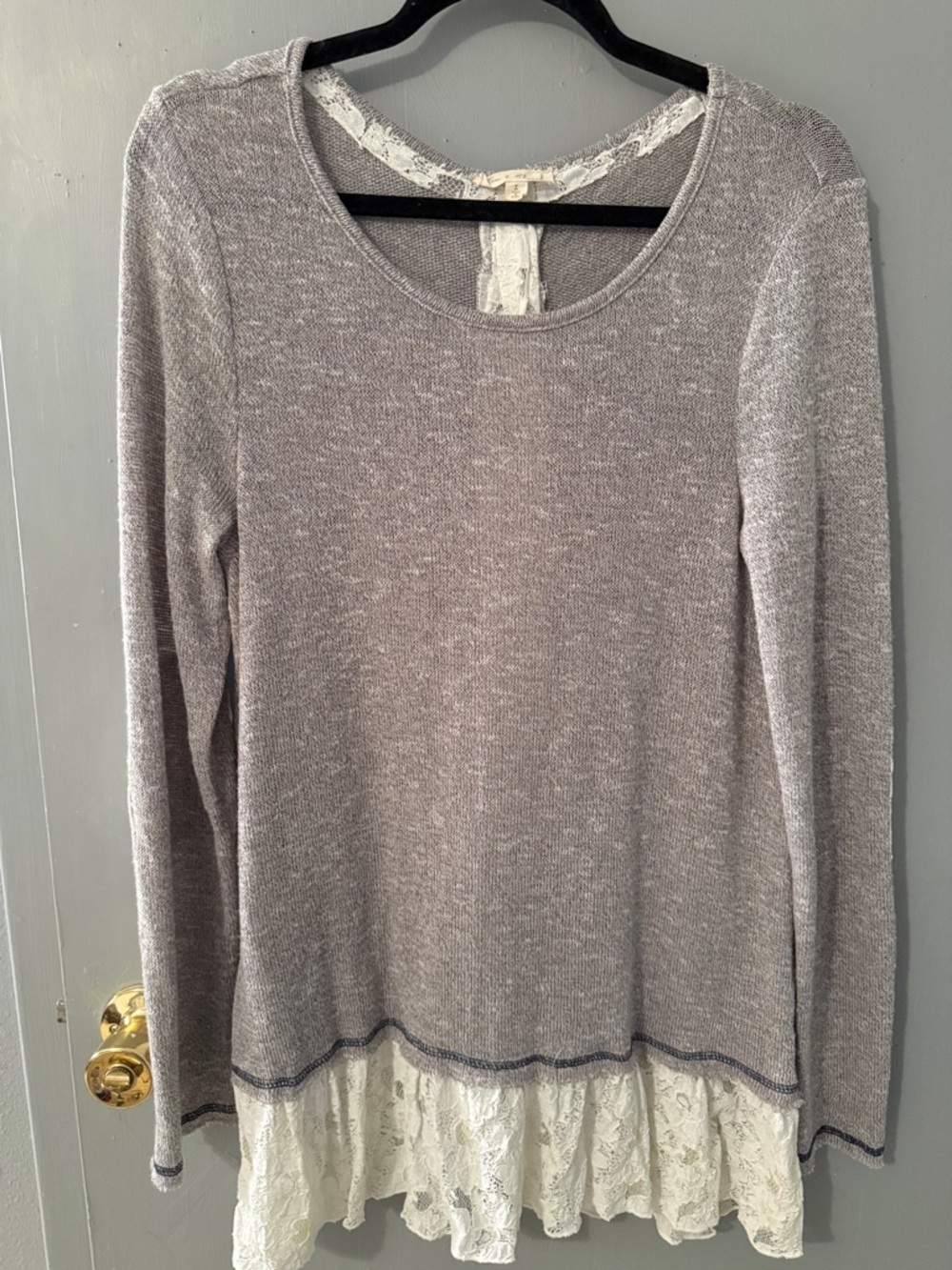 Hem & Thread Gray Long Sleeve Knit Top with Cream Lace Ruffle